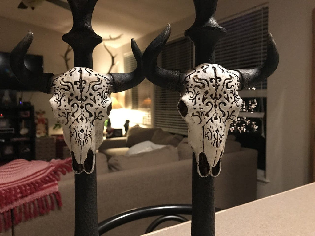 Engraved Steer Skull Western Candle Holders Detail - Your Western Decor
