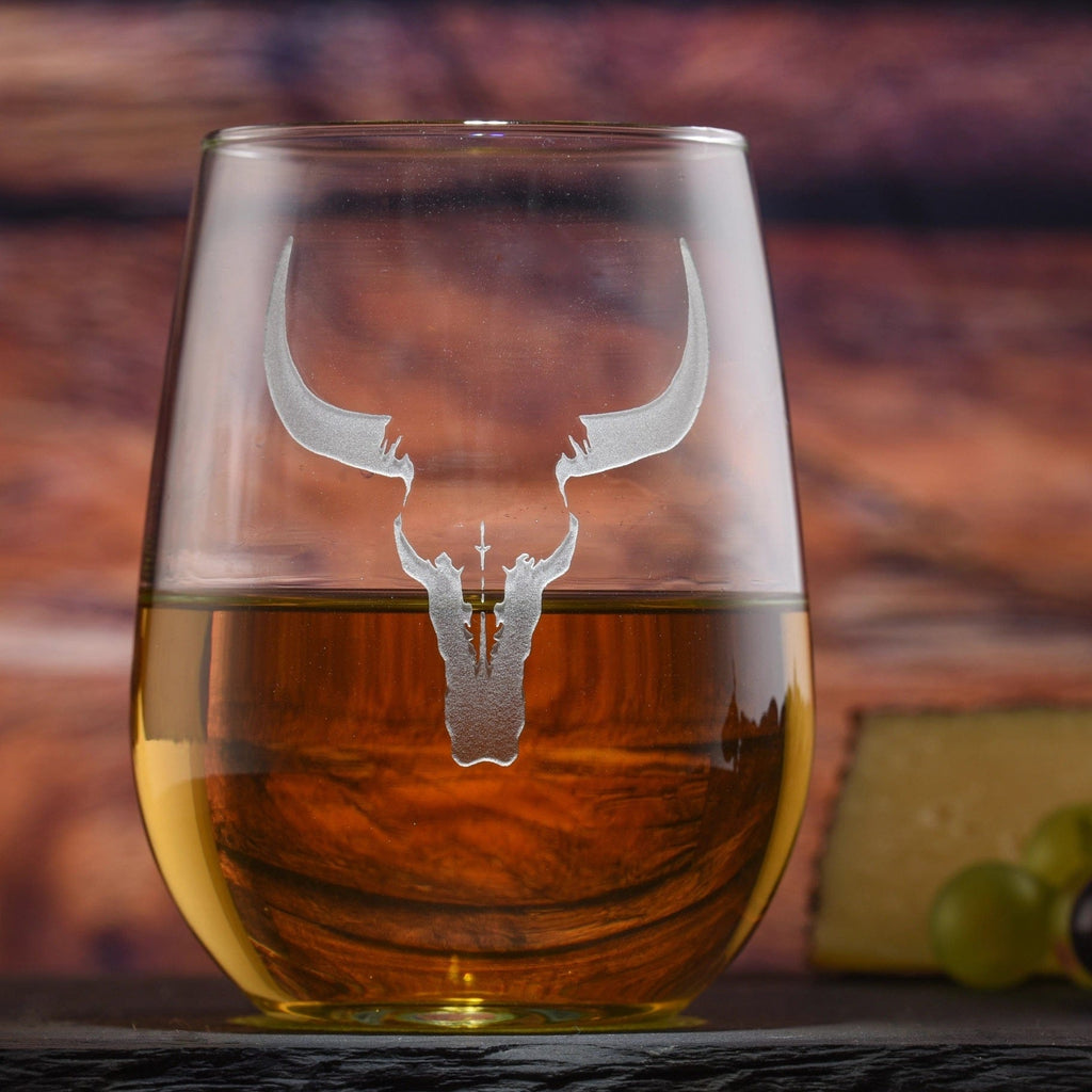 Engraved Steer Skull Stemless Wine Glasses - Your Western Decor