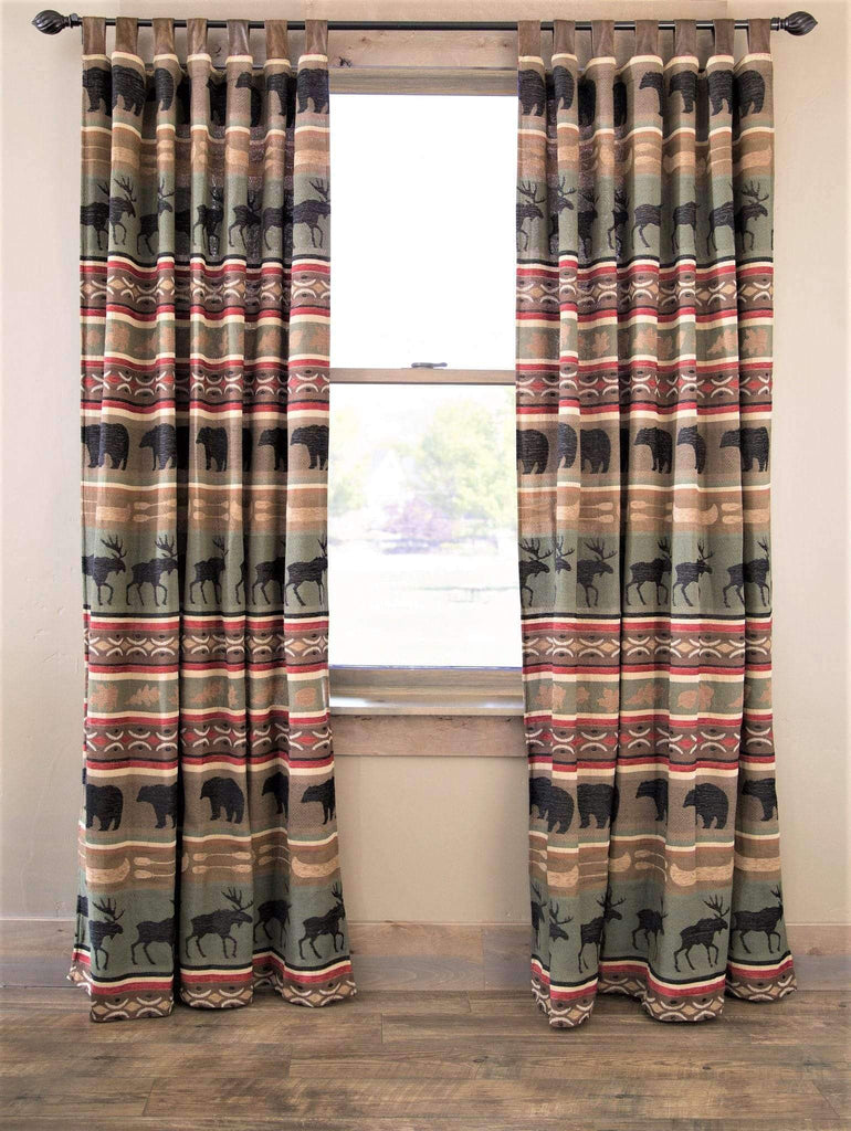 Lodge curtain panels with bear, moose, canoe and leaves in greens, reds and browns. Faux leather tabs. 2 panels. Your Western Decor