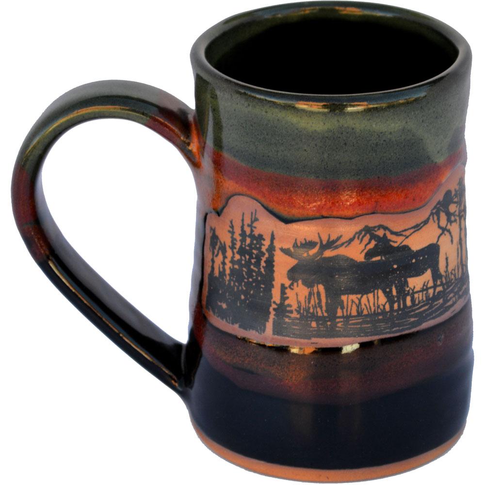 Handmade in the USA pottery tankard with moose scene. Your Western Decor