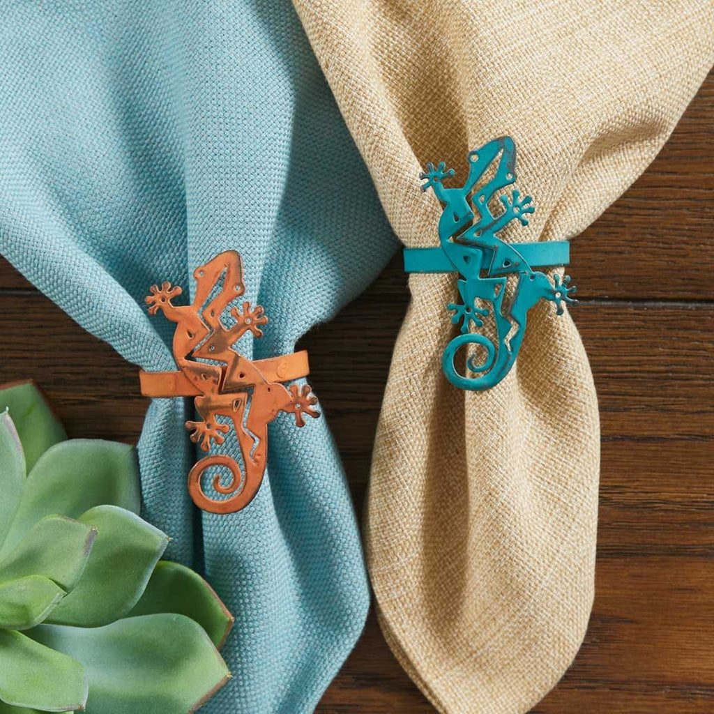 Distressed Colorful Southwestern Gecko Napkin Rings in burnt orange and turquoise - Your Western Decor