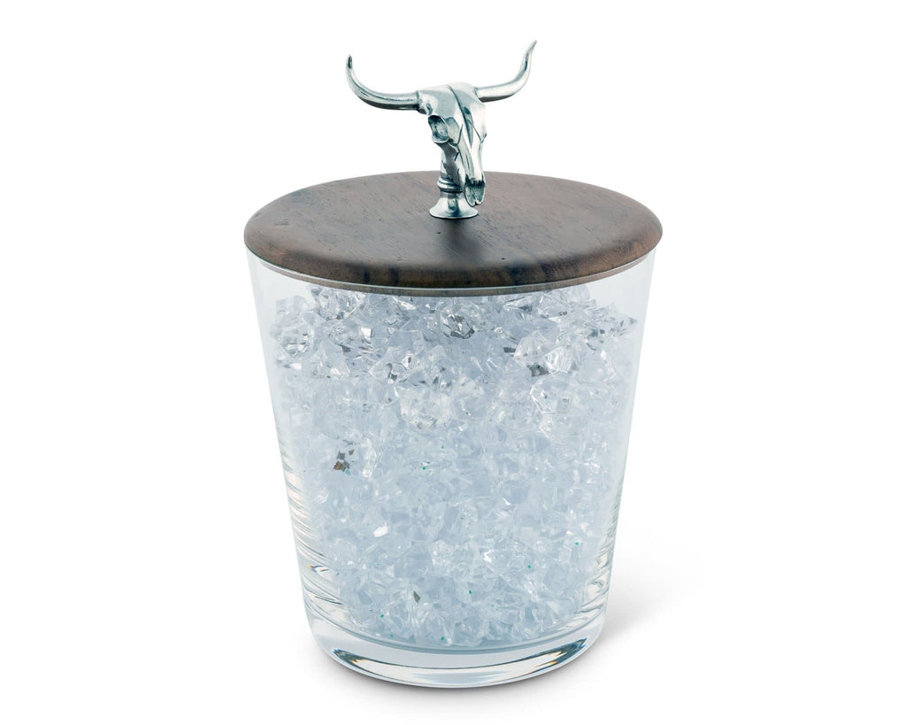 Glass ice bucket with wood lid, pewter steer skull handle. Your Western Decor