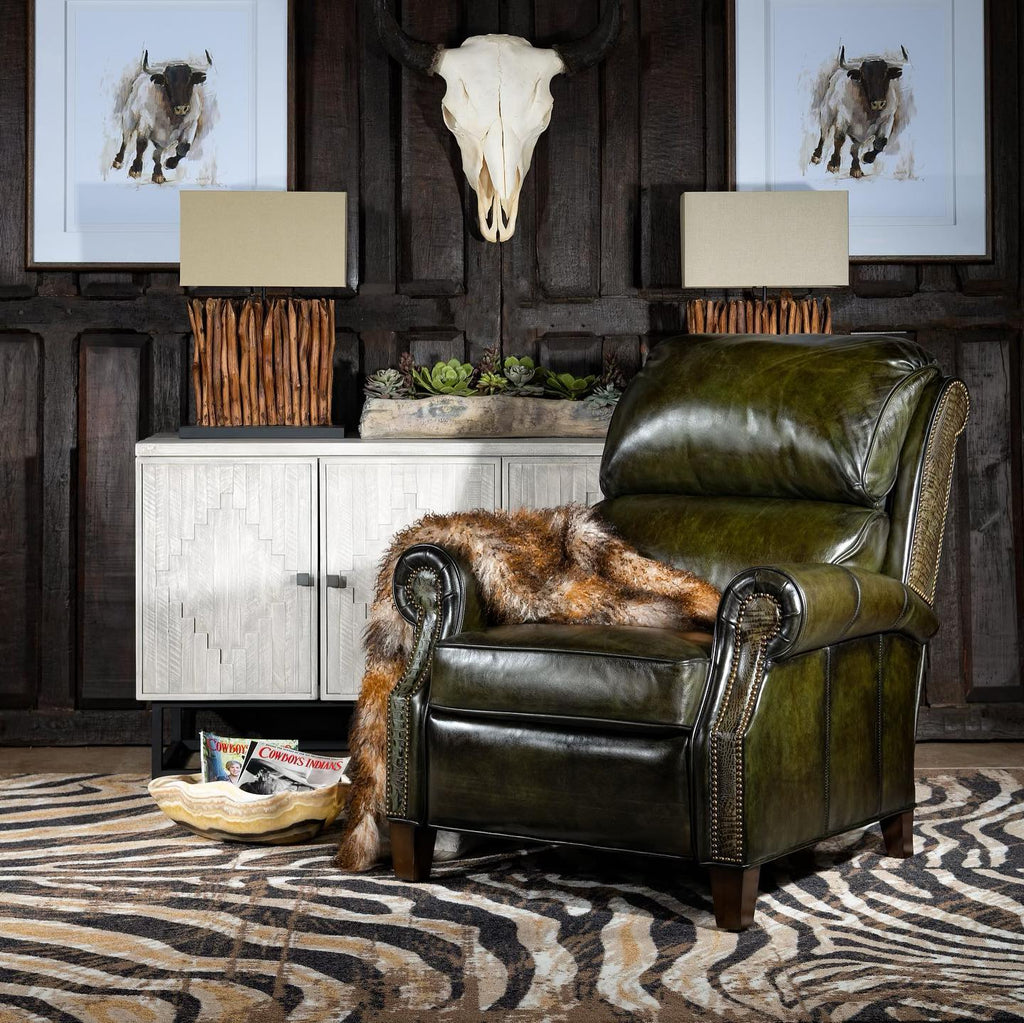 Hunter Leather Recliner and Gold Zebra Rug - Your Western Decor