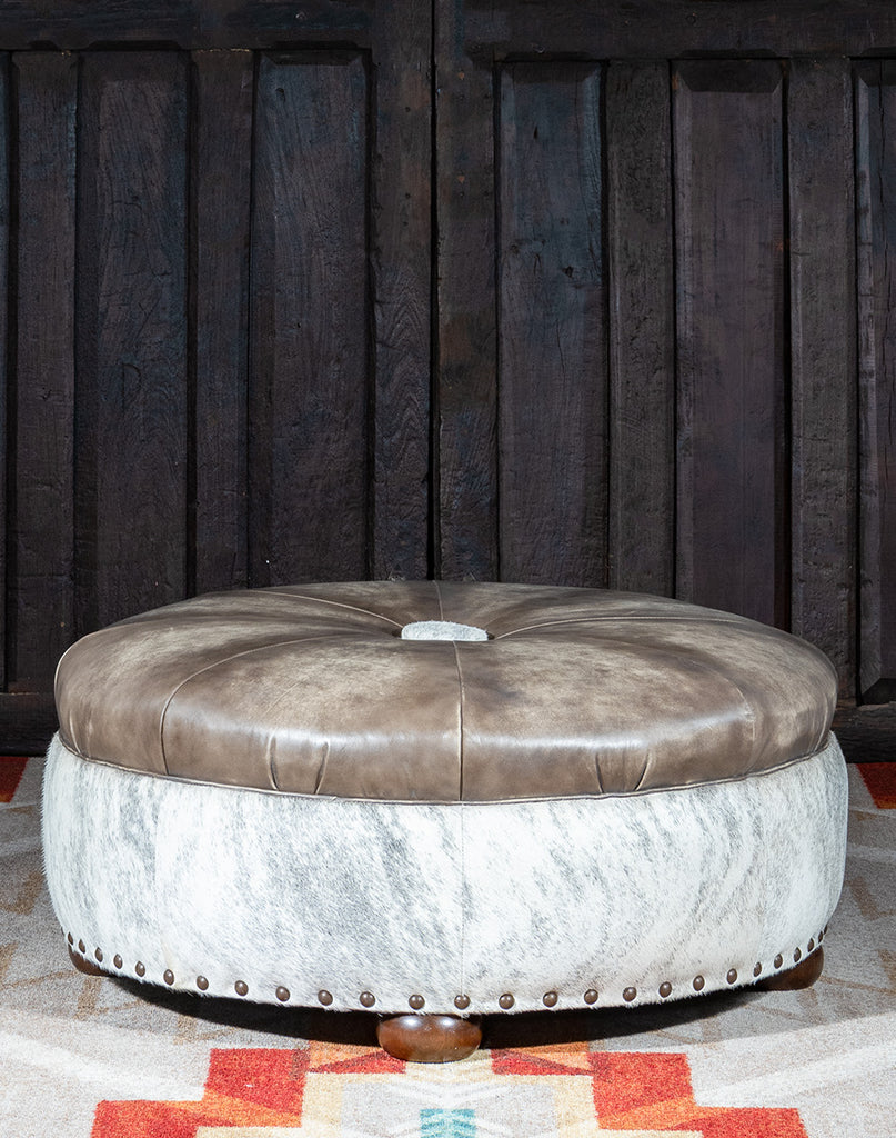 Round western ottoman upholstery cowhide and leather - Your Western Decor