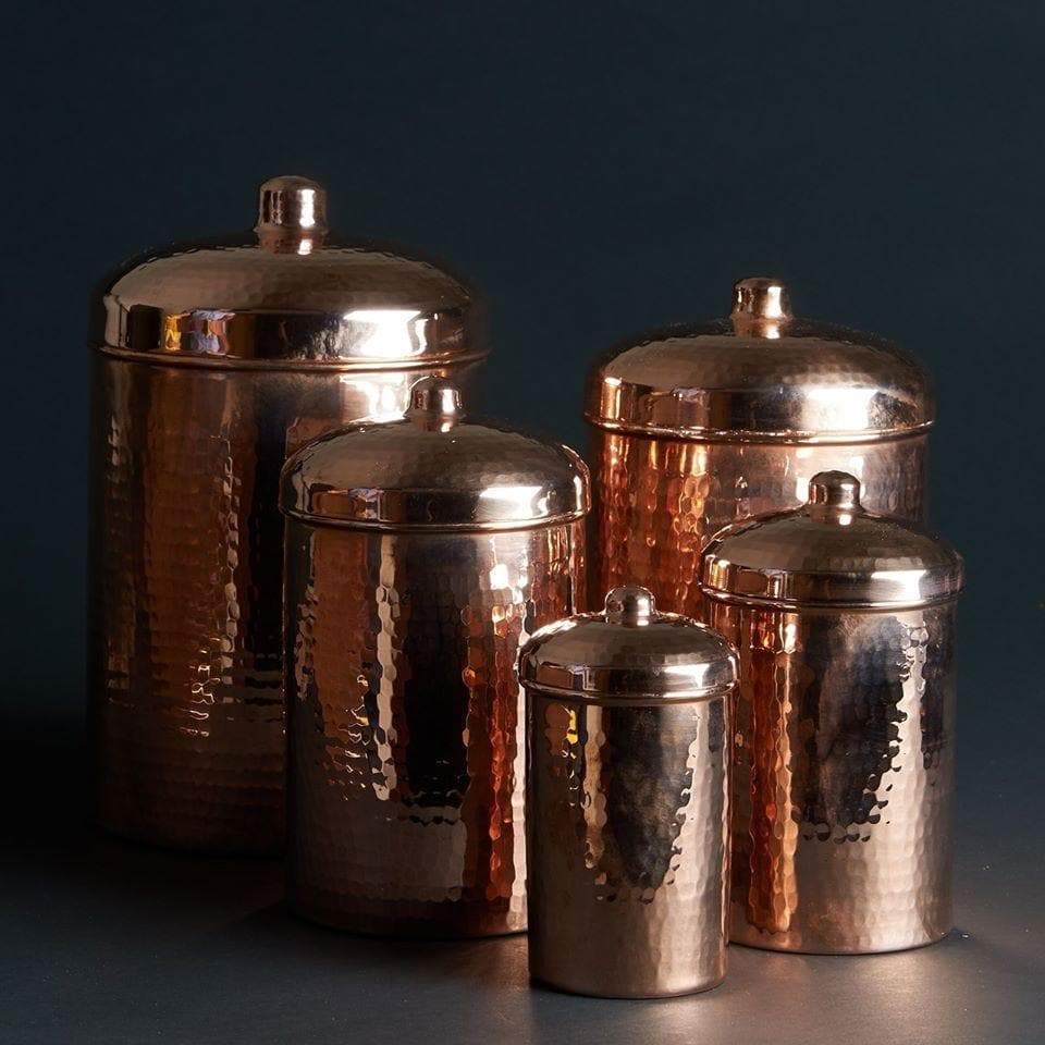 5 hammered copper canisters peacock patina
