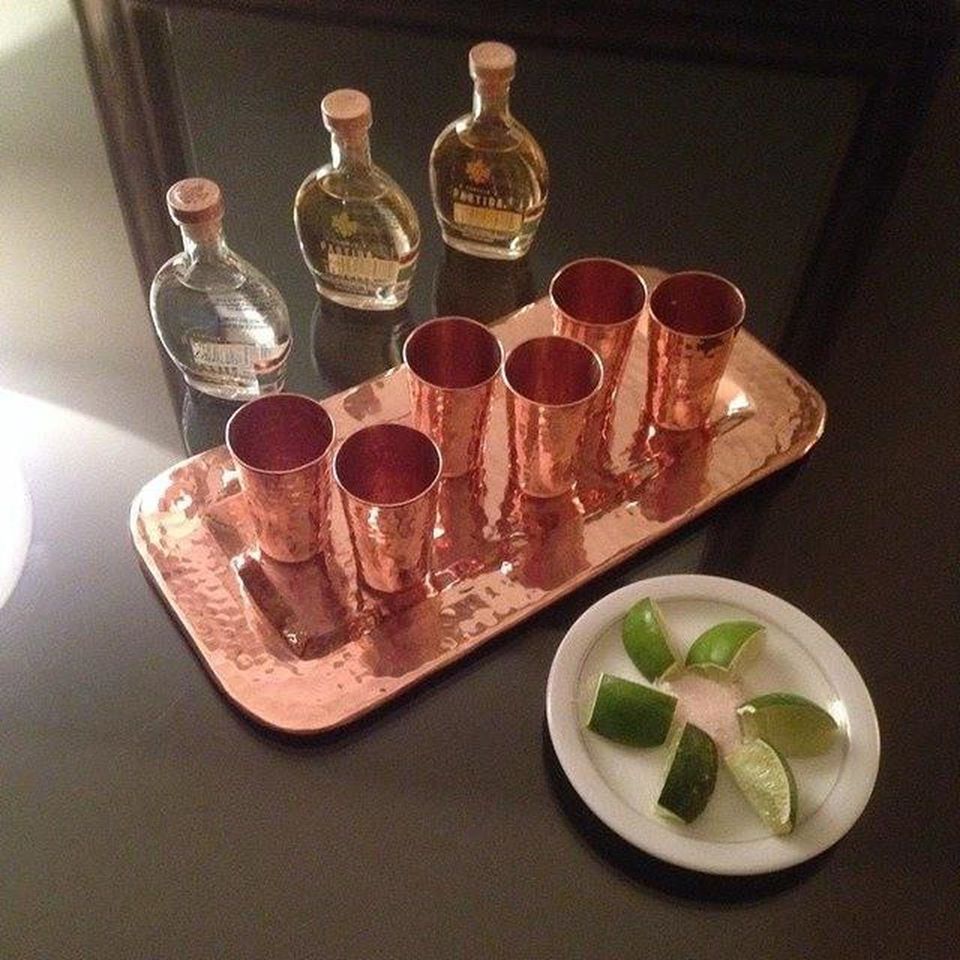 Hammered copper shot glasses and tray - Your Western Decor