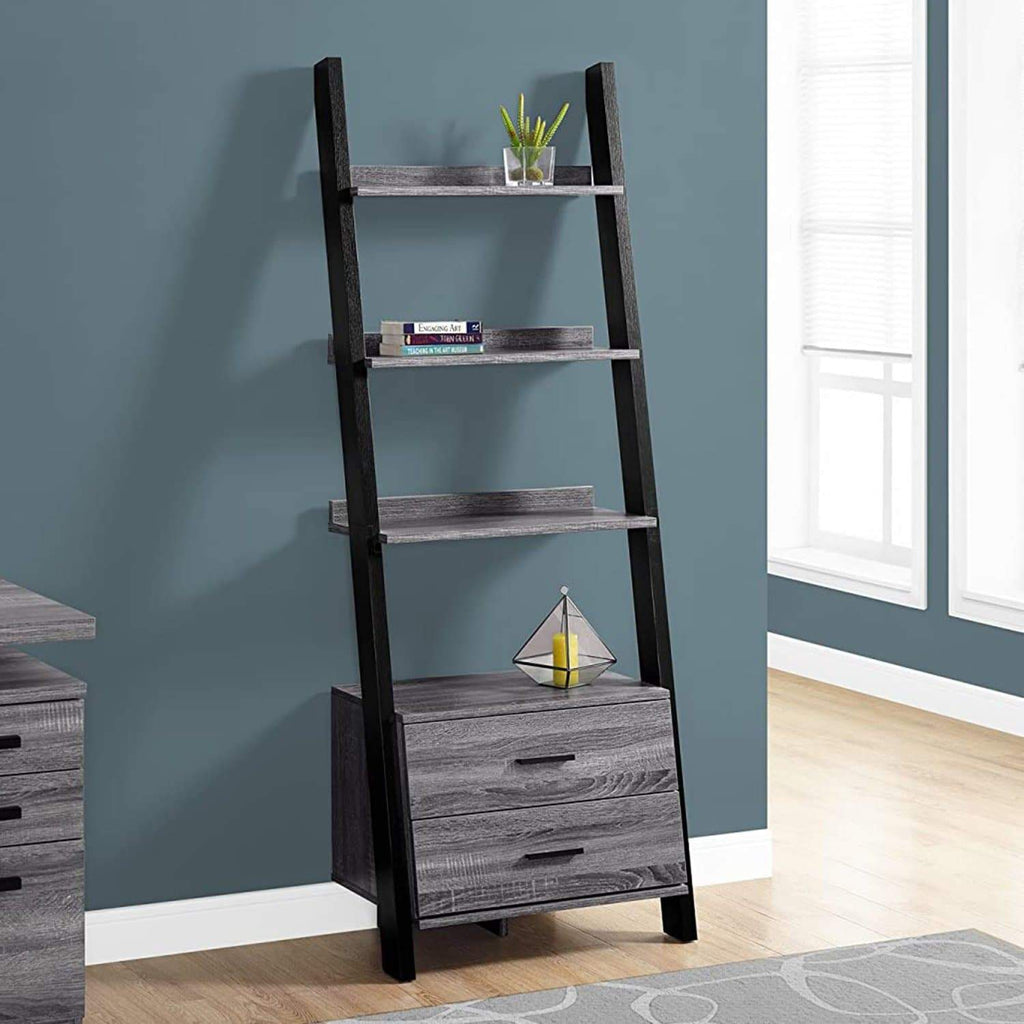Grey and black hollow back bookcase. 3 shelves, 2 drawers. Your Western Decor