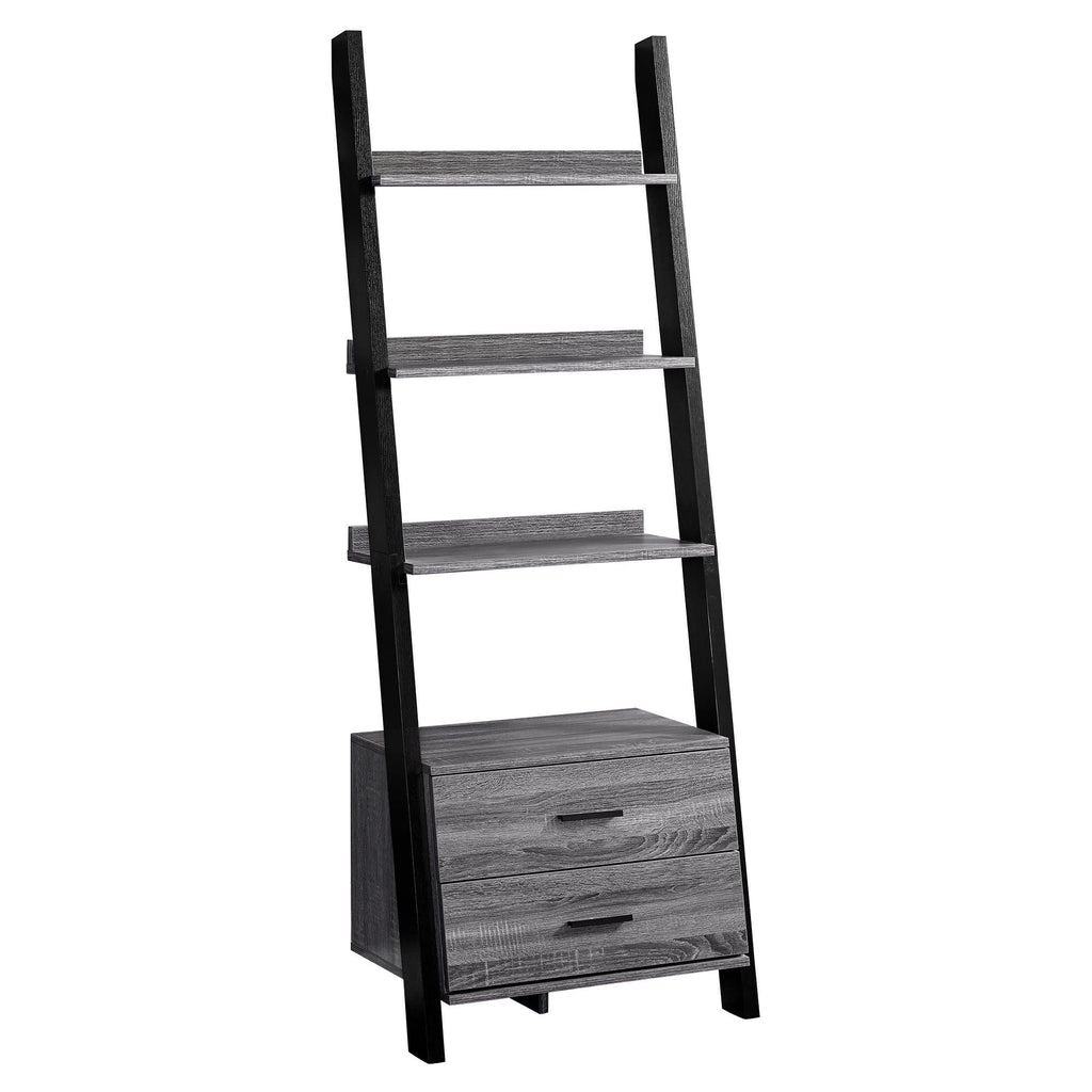 Grey and black hollow back bookcase. 3 shelves, 2 drawers. Your Western Decor