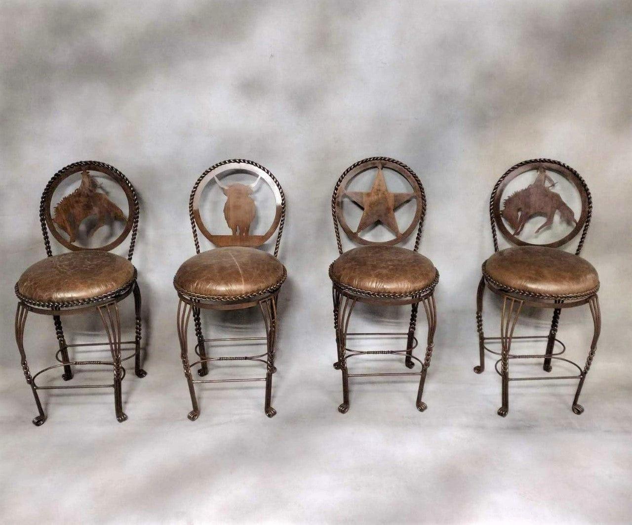 Custom made hand-forged iron counter swivel stools with various western cut-out backs and leather seats 