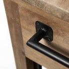 Rustic Industrial Wood Kitchen Island on Wheels, iron towel bar detail 