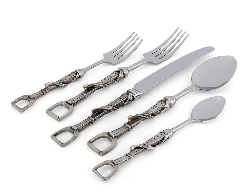 Irons and leathers equine 5- pc flatware set. Pewter & stainless steel. Your Western Decor