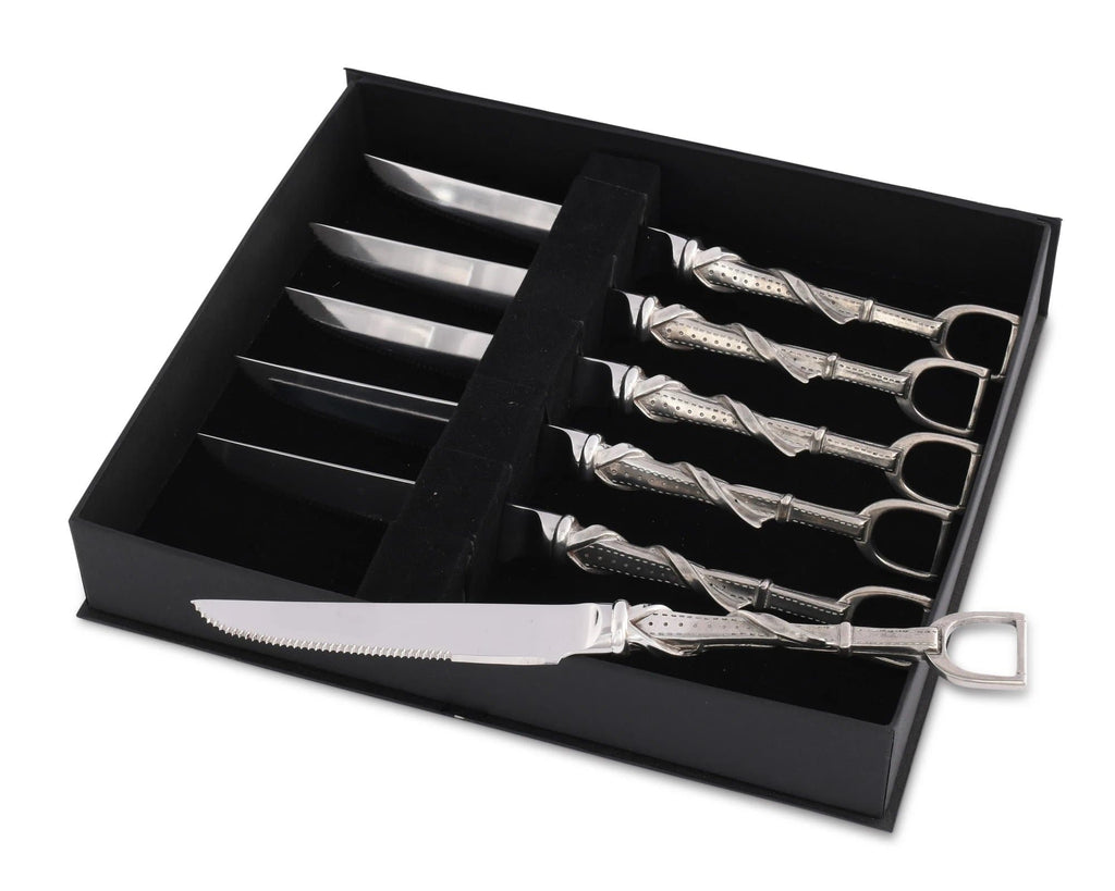 Pewter steak knife set with detailed stirrup and leathers detail. Your Western Decor