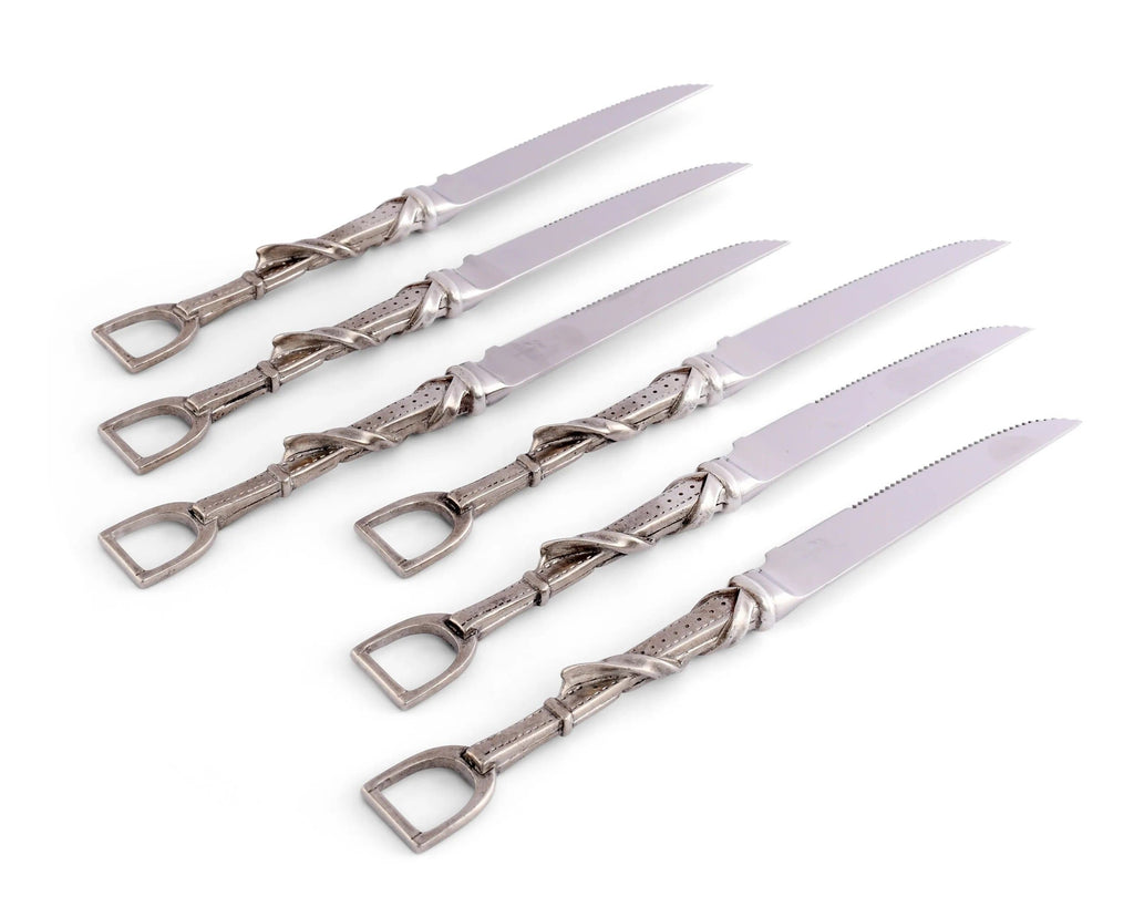 Stainless and pewter irons and leathers equine inspired steak knive set. Your Western Decor