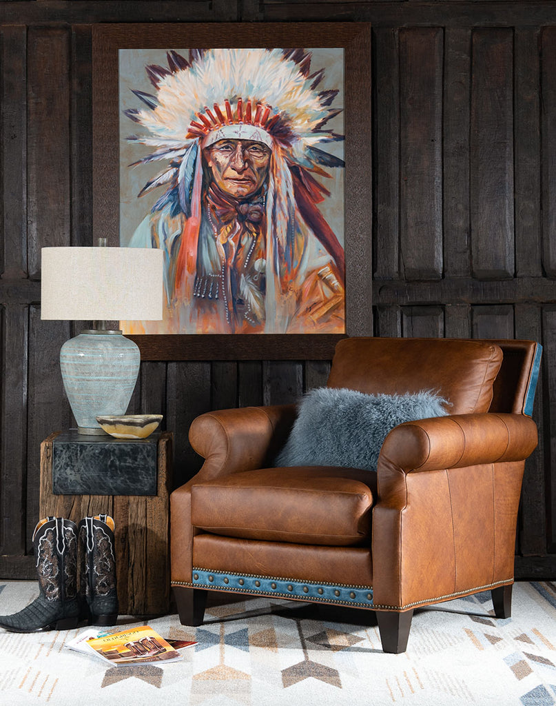 King Cowboy Leather Arm Chair in Living Room - Your Western Decor