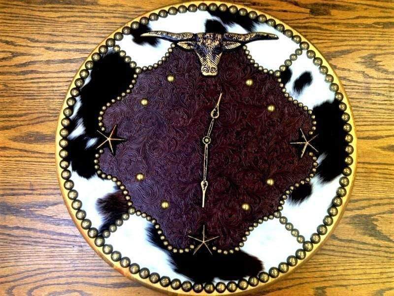Custom made western clocks. Cowhide and leather - Made in the USA - Your Western Decor