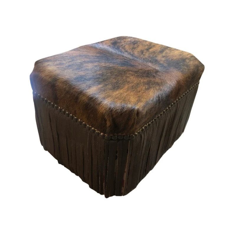Luxury Leather Fringed Brindle Cowhide Stool Ottoman made in the USA - Your Western Decor