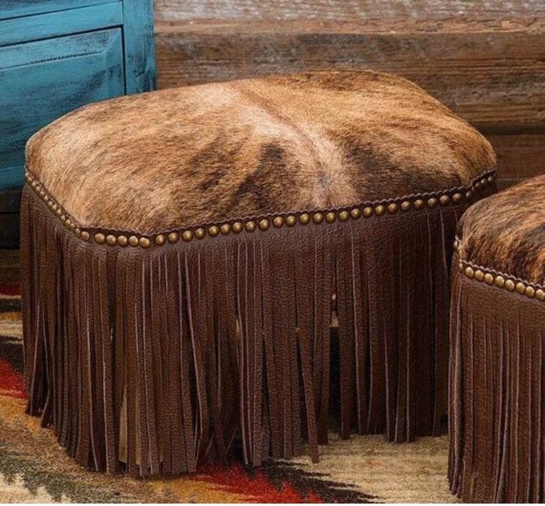 Luxury Leather Fringed Cowhide Stool Ottoman made in the USA - Your Western Decor