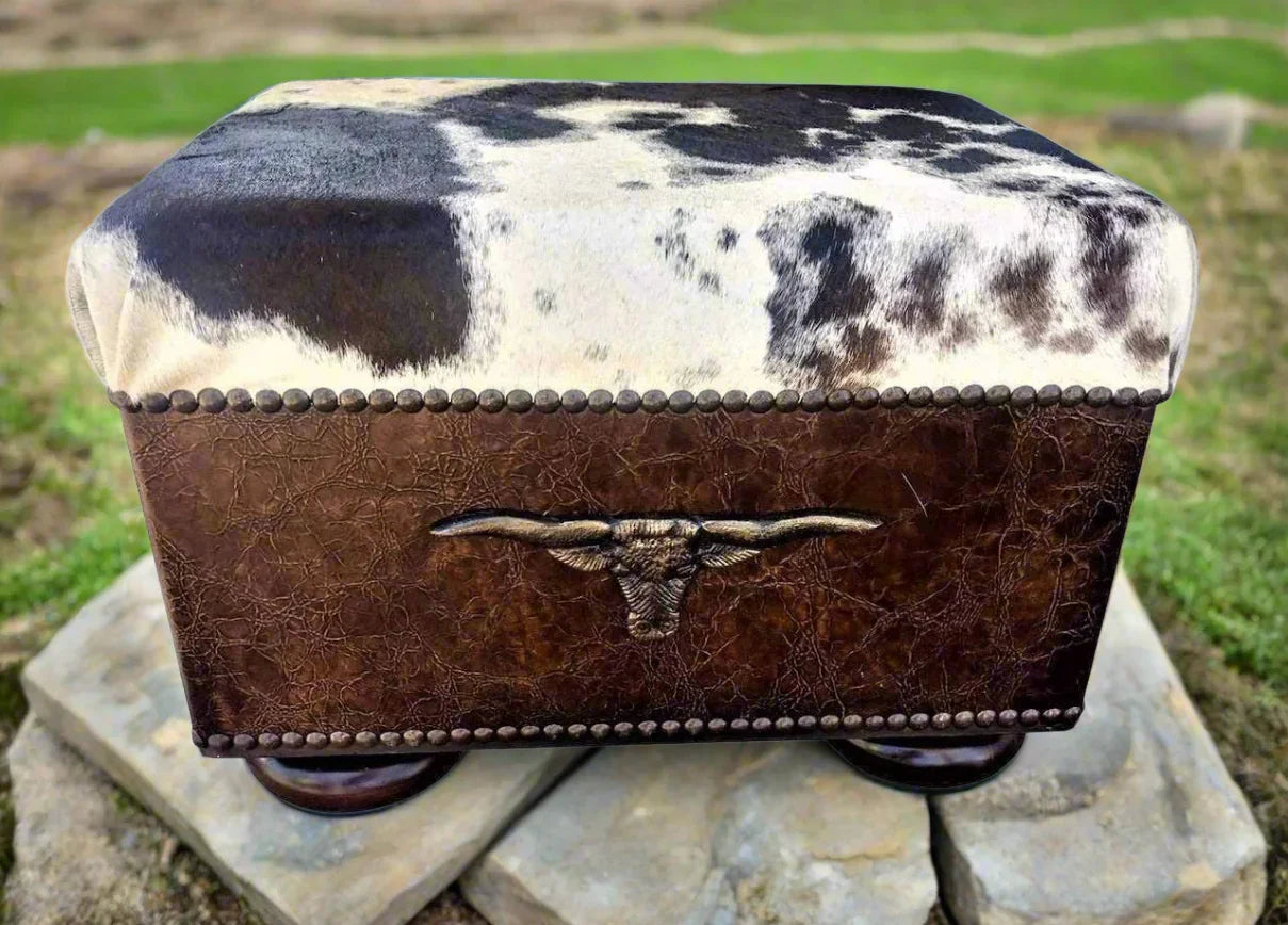 Leather and cowhide western ottoman - Made in the USA 