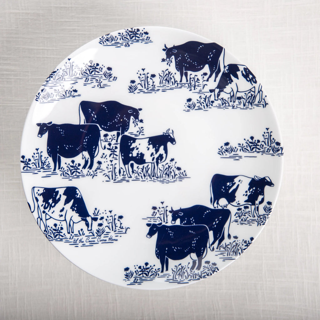 Lucky cows blue print over white porcelain dinner plate made in the USA - Your Western Decor