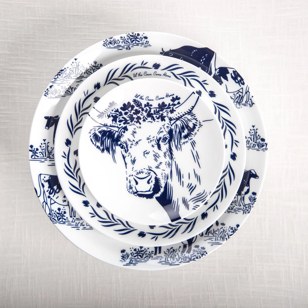 Lucky Cows Plate Set blue over white - made in the USA - Your Western Decor