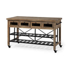 Brown Solid Mango Wood Kitchen Island with Two Tier Black Metal shelving, glass drawers, and locking casters 