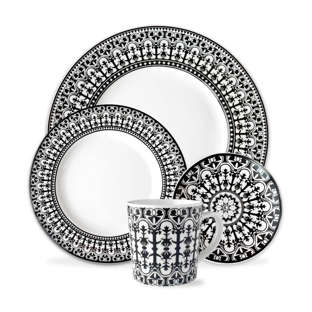 4-piece porcelain dinnerware set with black and white scroll-work paintings - Made in the USA - Your Western Decor