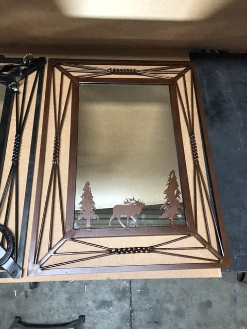 Custom, handmade iron mirror frame with elk and trees - Your Western Decor