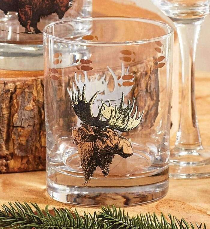 Double old fashioned glasses with images of moose and moose tracks. Made in the USA. Your Western Decor