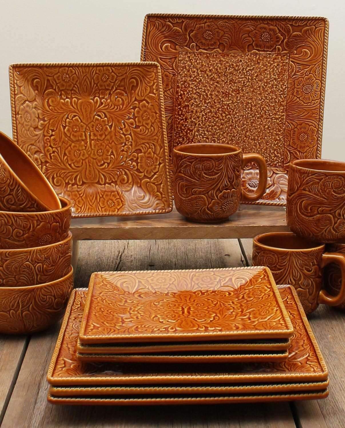 dark mustard color embossed western dinnerware set - Your Western Decor