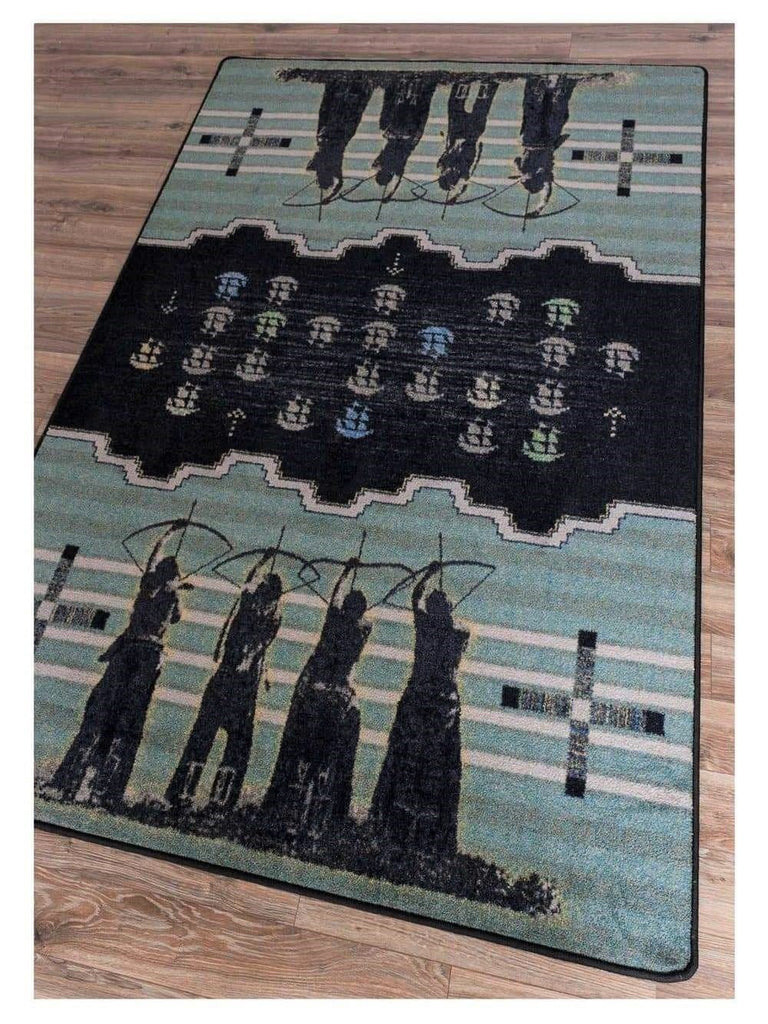 Native Invaders 5x8 area rug, blue, black made in the USA. Free shipping. Your Western Decor
