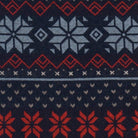 Nordic upholstery fabric with snowflake pattern ski lodge wool blend fabric in navy red and gray tones