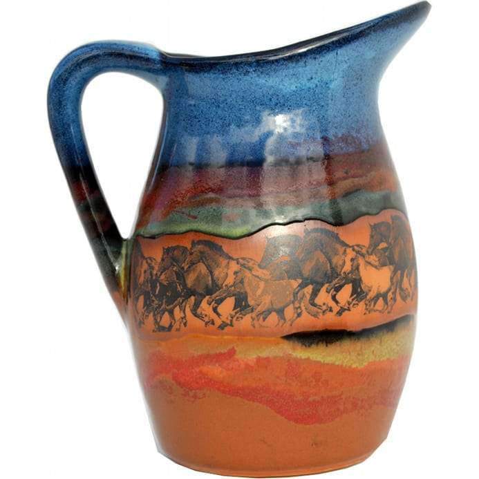 2 quart handmade pottery pitcher with running horses. Glazed, Made in the USA. Your Western Decor