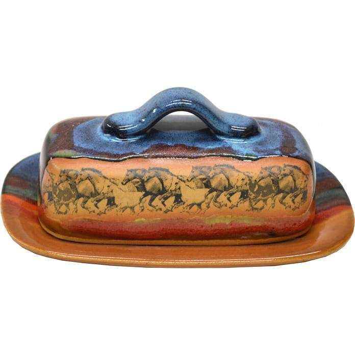 Handmade glazed pottery butter dish with running wild horses. Made in the USA. Your Western Decor
