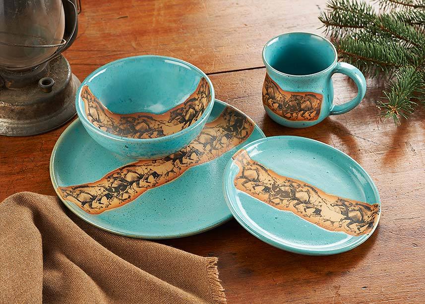 Open Range Horses Dinnerware in Turquoise - Made in the USA - Your Western Decor, LLC