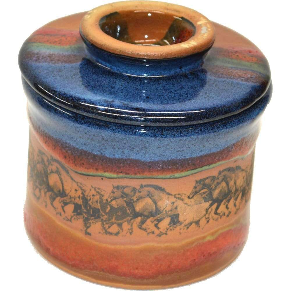 Glazed pottery butter keeper with running horses. Handmade in the USA. Your Western Decor