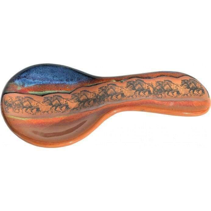 Glazed pottery ceramic spoon rest with running horses. Made in the USA. Your Western Decor