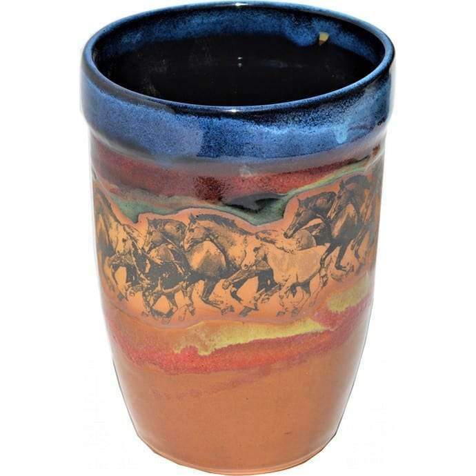 Open range horses utensil canister - handmade pottery made in the USA - Your Western Decor