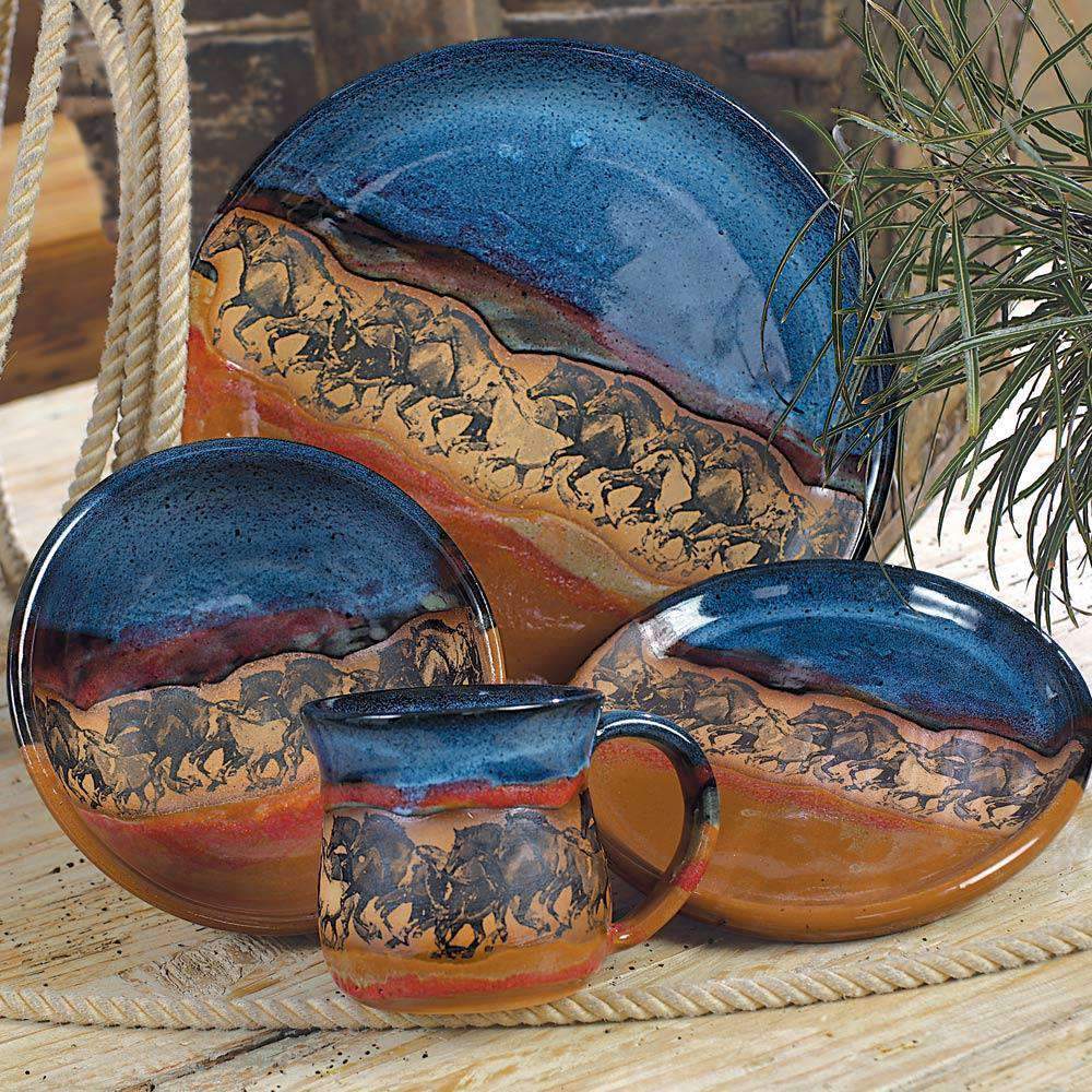 Glazed rustic pottery dinnerware with running horses. Handmade in the USA. Your Western Decor