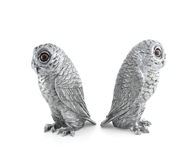 Detailed pewter owls with amber eyes pepper shaker set - Your Western Decor