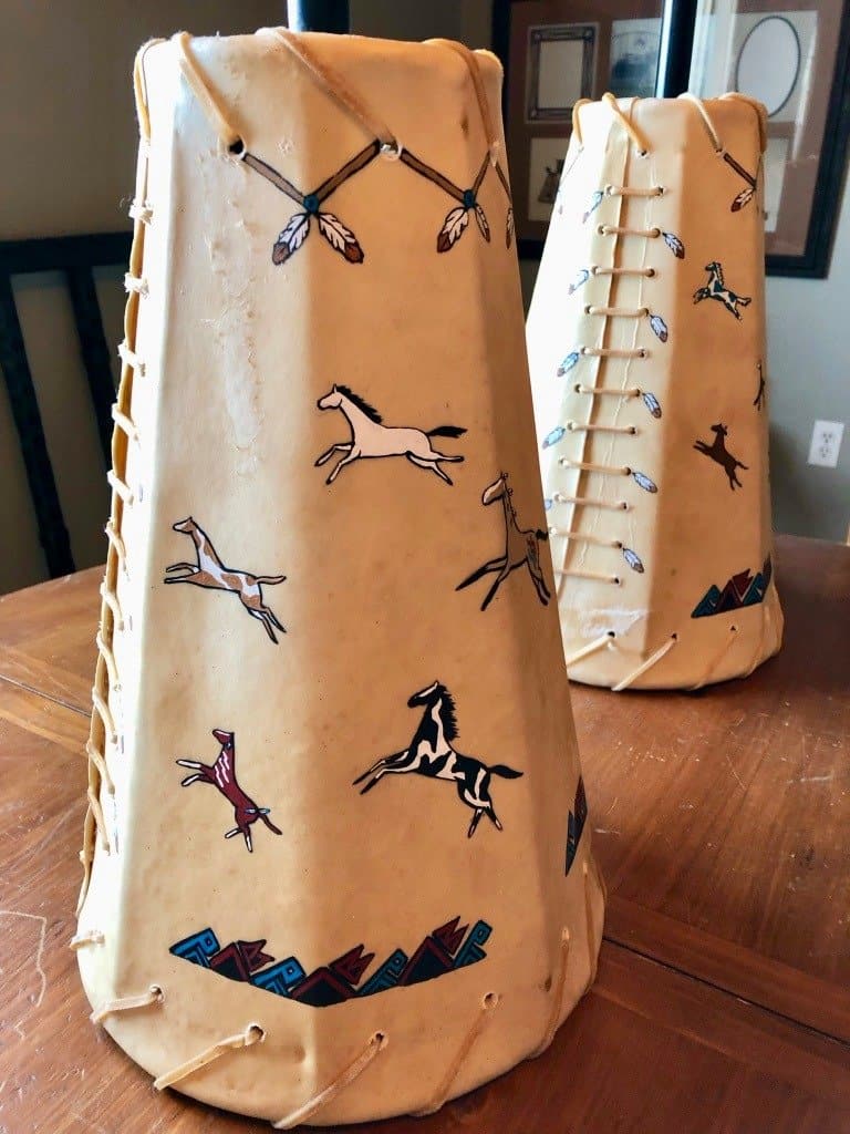 Native scene hand painted rawhide pendant light shades. Custom made in the USA. Your Western Decor