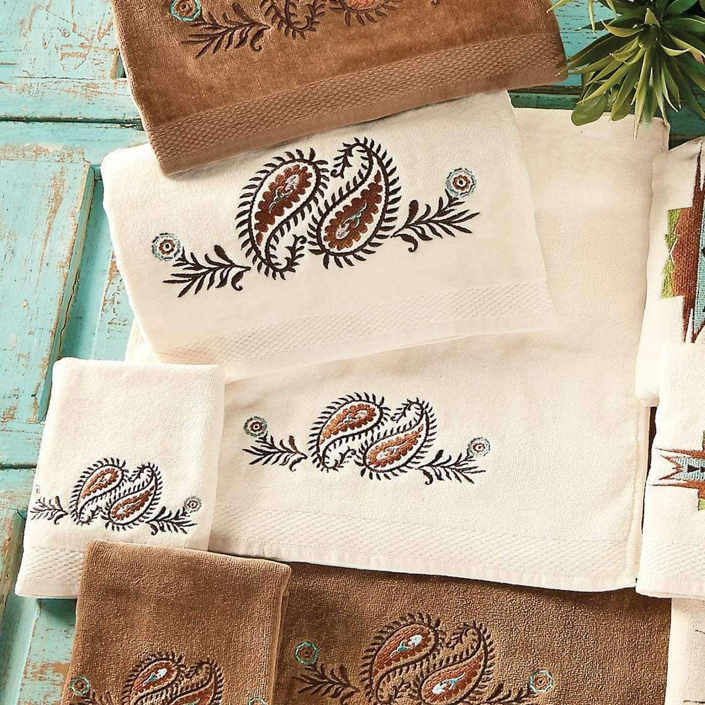 cream color, mocha color bath towed sets with paisley embroidery
