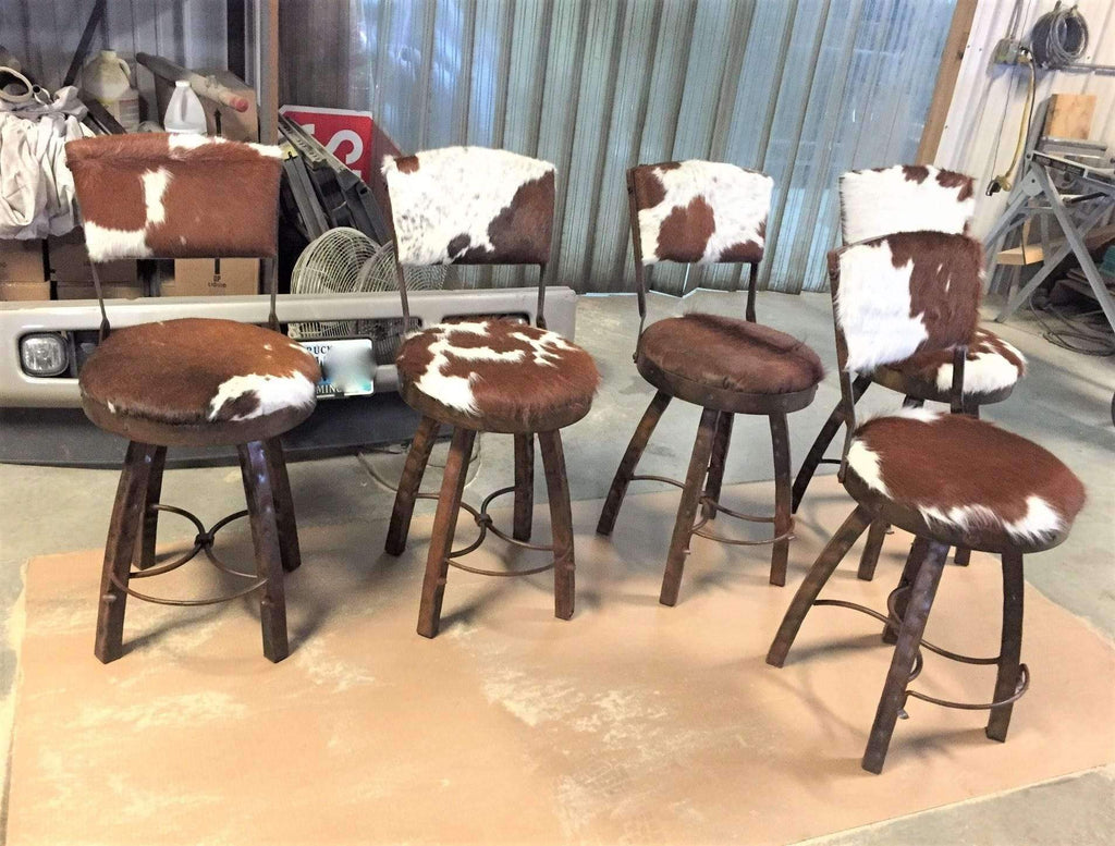 Hammered iron and brown & white cowhide rustic bar stools - Custom made in the USA - Your Western Decor