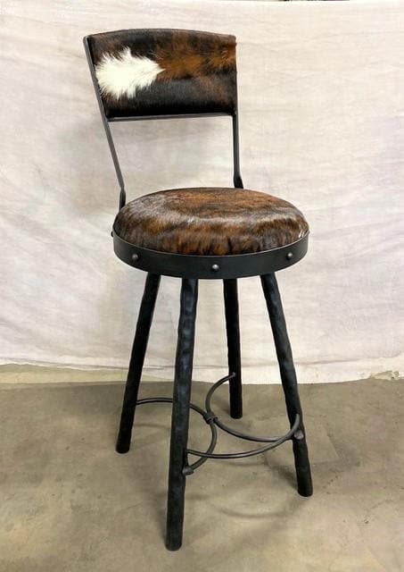 Tri color cowhide upholstered Peak 9 Iron Bar Chairs Custom made in the USA - Your Western Decor