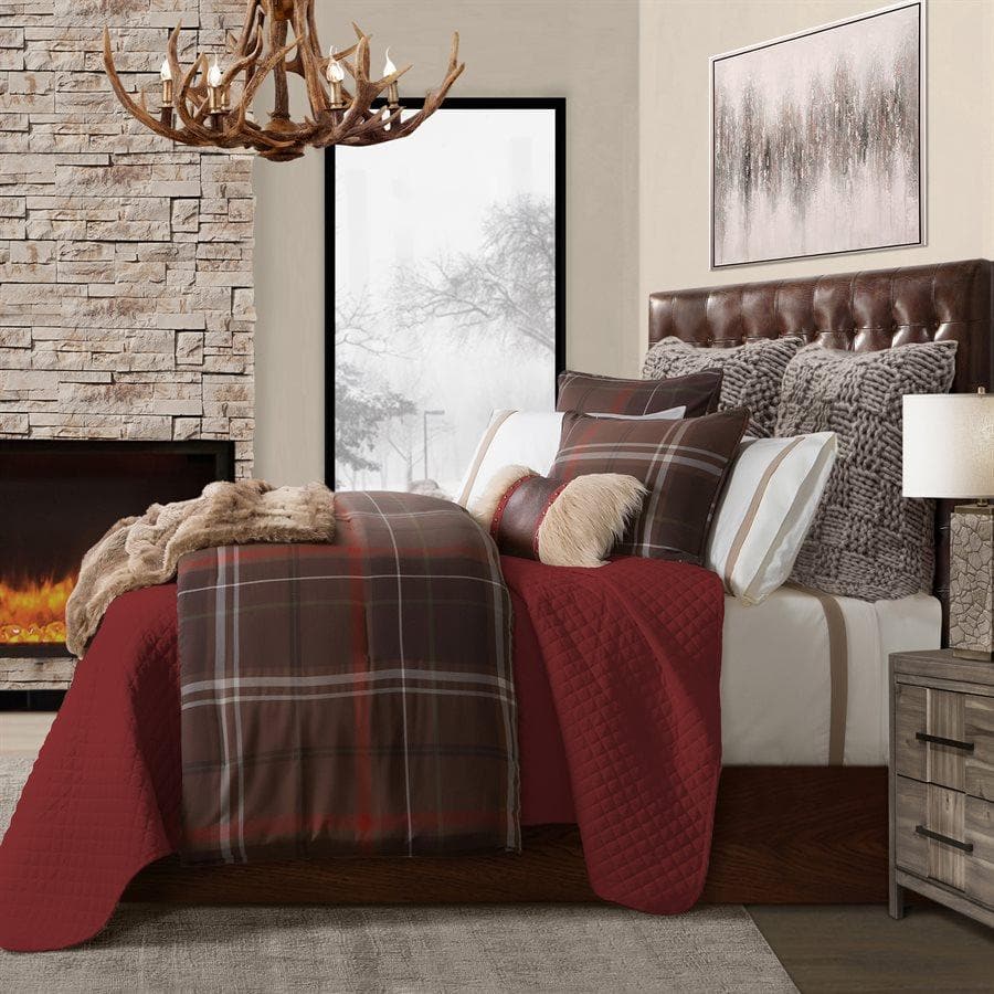 Pearson brown plaid comforter set with red quilt, sheets, shams, throws. Your Western Decor, LLC