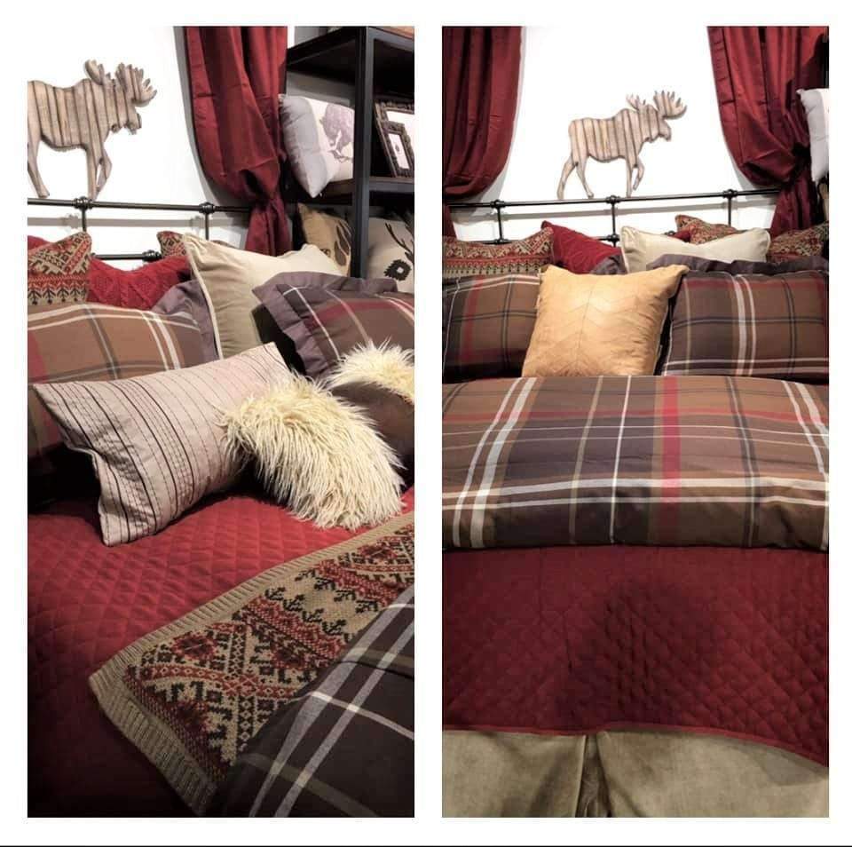 Plaid and red lodge style bedding and accents. Your Western Decor, LLC