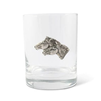 Double old fashioned whiskey glass with pewter horses - Your Western Decor
