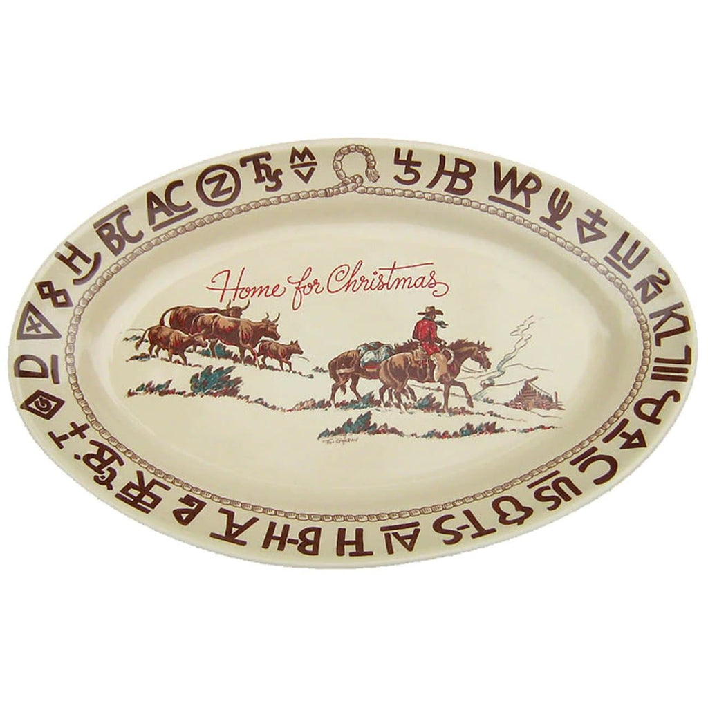 Western Christmas oval serving platter w/ brands, rope, cattle, horses, cowboy. China dinnerware made in the USA. Your Western Decor