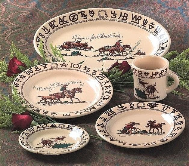 Western Christmas Dinnerware with brands, cowboys, rope and cattle. China made in the USA. Your Western Decor