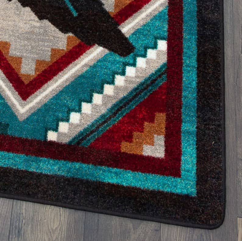 Our Raven Dance Colorful Southwest Floor Runner serged edge detail - Your Western Decor