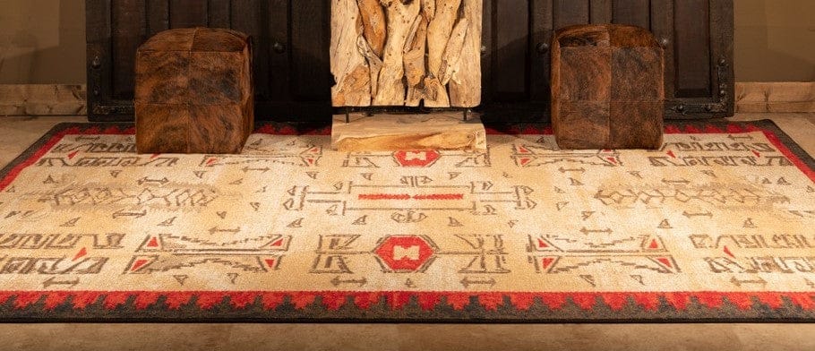 beige, tan, black and red Southwestern area rug and brindle cowhide poufs - Made in the USA - Your Western Decor